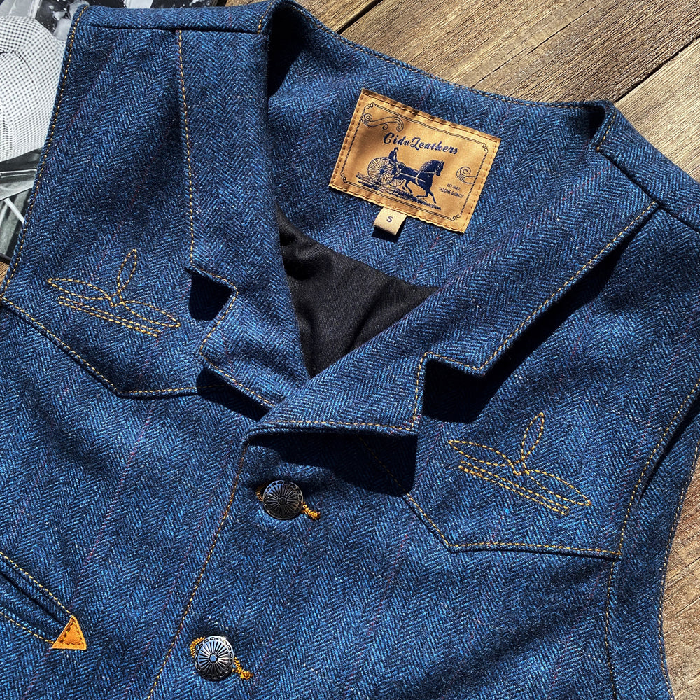 ウールインディゴ ヘリンボーン ウエスタンベスト S~3XL