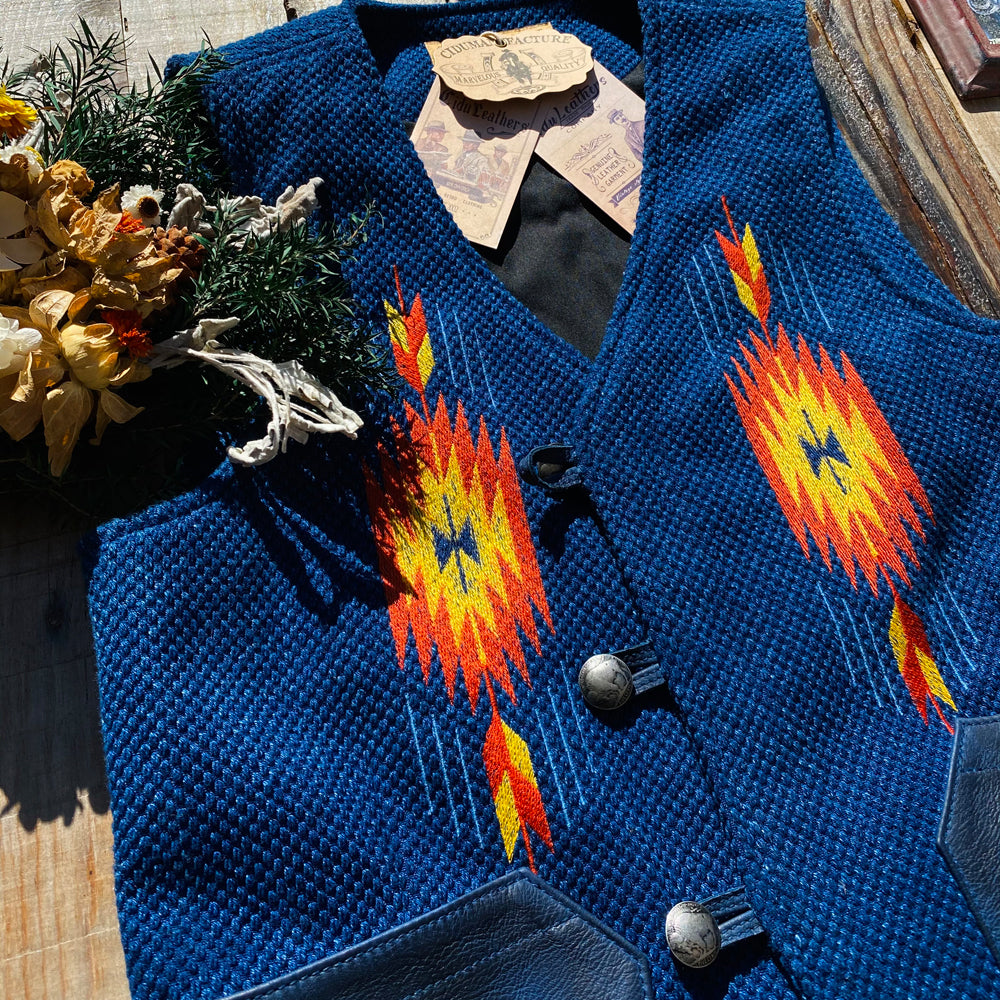 ◆刺し子地インディゴ レザー パッチワークベスト S~4XL◆