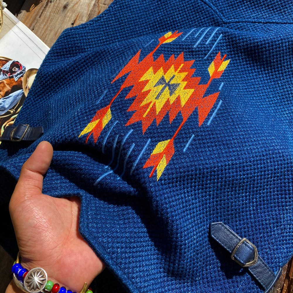 ◆刺し子地インディゴ レザー パッチワークベスト S~4XL◆