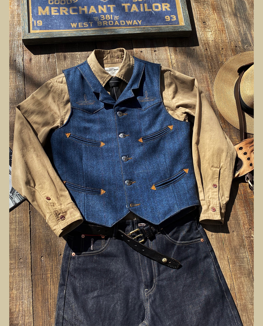 ウールインディゴ ヘリンボーン ウエスタンベスト S~3XL