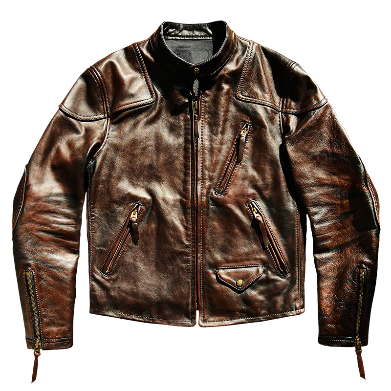 茶芯 ホースハイドレザー シングルライダース ジャケット S~4XL