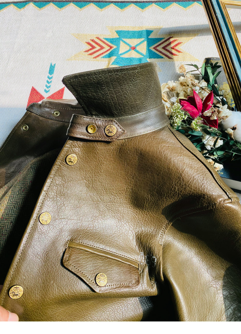 カウレザー レザージャケット khaki M~2XL