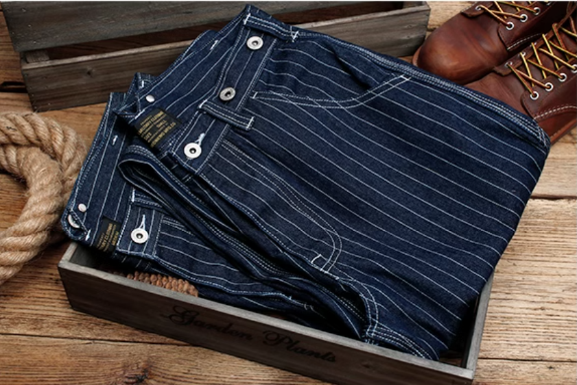 サスペンダー付きでヴィンテージライクな仕上がりに☆13.5OZ デニムストライプジーンズ☆XS~XL