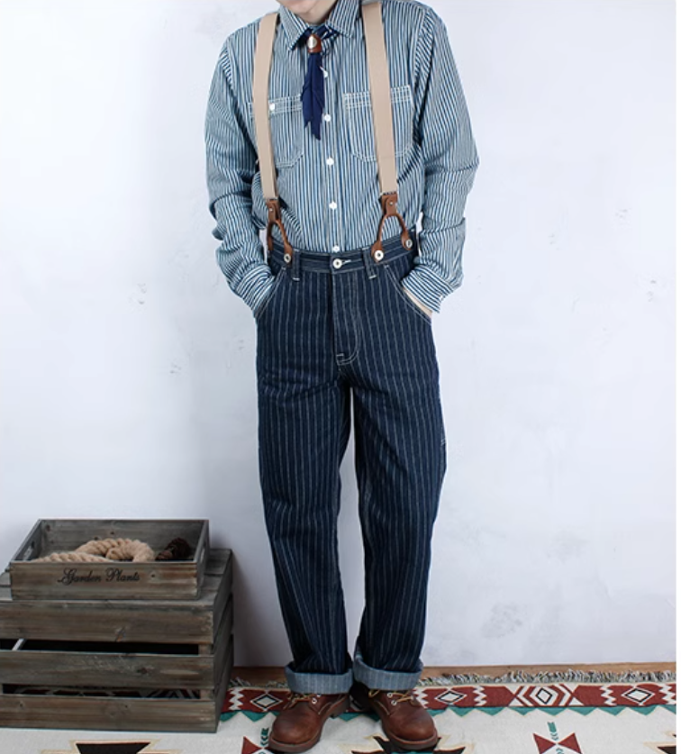サスペンダー付きでヴィンテージライクな仕上がりに☆13.5OZ デニムストライプジーンズ☆XS~XL