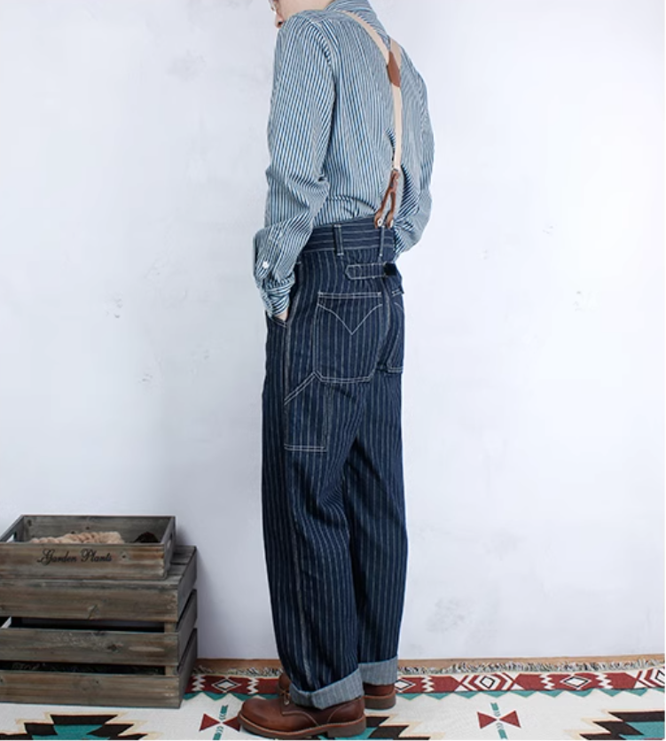 サスペンダー付きでヴィンテージライクな仕上がりに☆13.5OZ デニムストライプジーンズ☆XS~XL