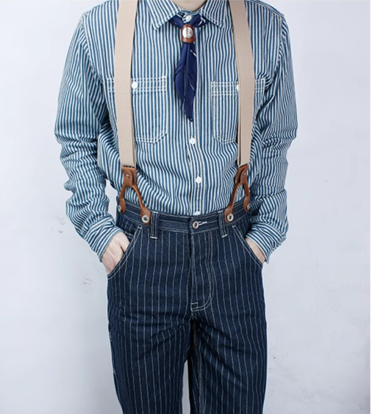 サスペンダー付きでヴィンテージライクな仕上がりに☆13.5OZ デニムストライプジーンズ☆XS~XL
