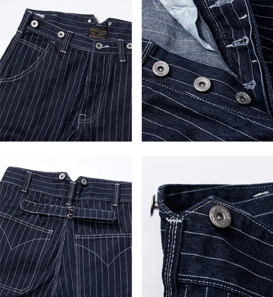 サスペンダー付きでヴィンテージライクな仕上がりに☆13.5OZ デニムストライプジーンズ☆XS~XL