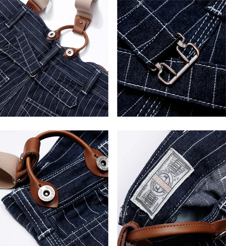 サスペンダー付きでヴィンテージライクな仕上がりに☆13.5OZ デニムストライプジーンズ☆XS~XL