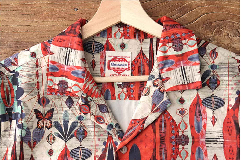 △ヴィンテージ復刻 ハワイアンプリント幾何学×バタフライ柄 アロハシャツ▽M~2XL