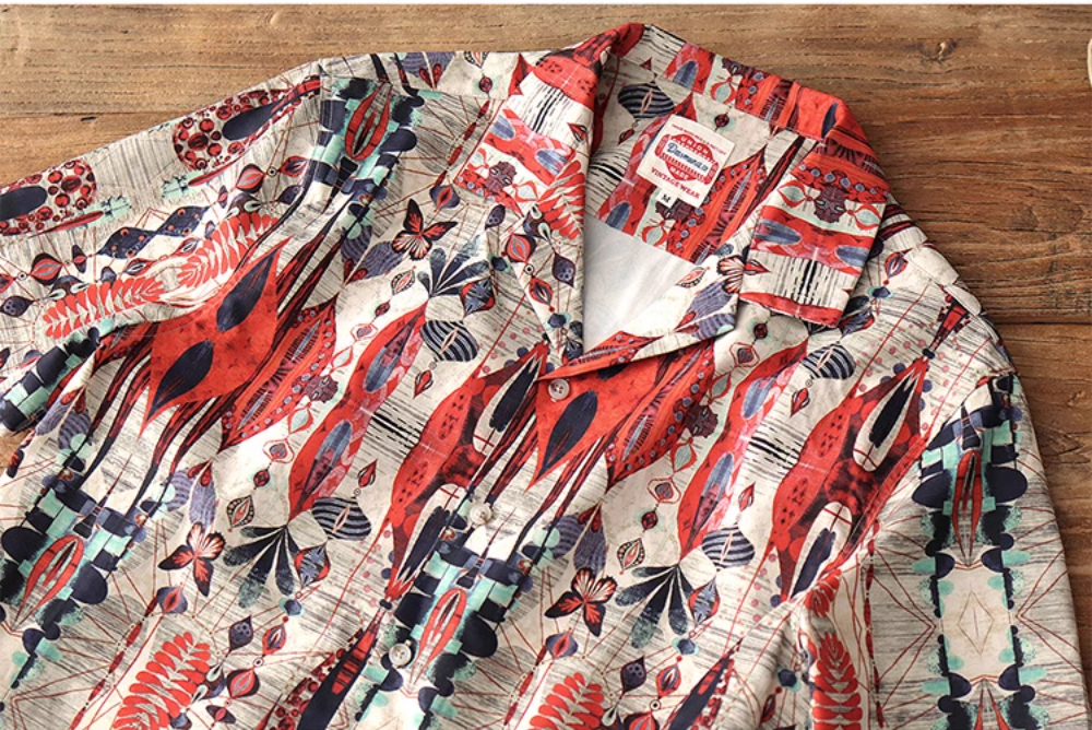 △ヴィンテージ復刻 ハワイアンプリント幾何学×バタフライ柄 アロハシャツ▽M~2XL