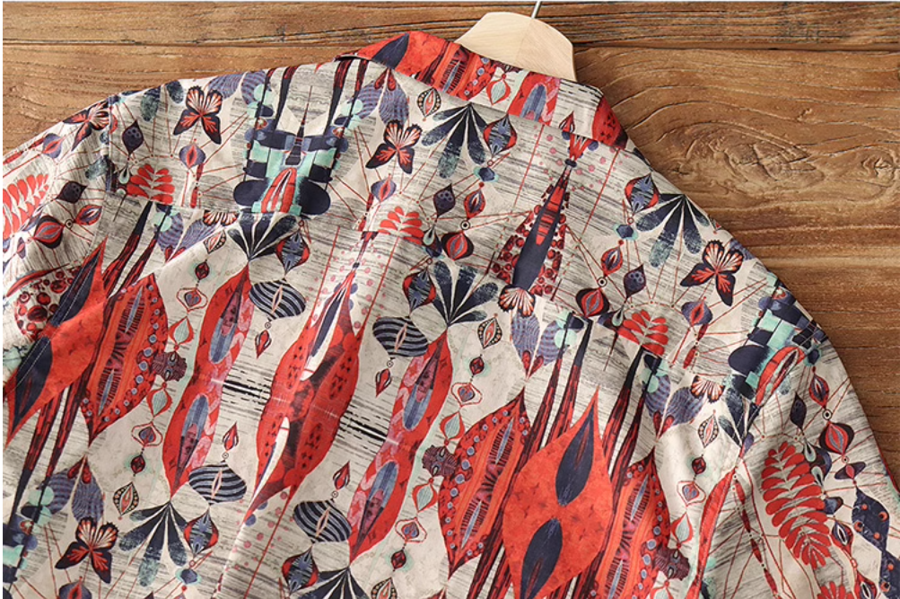 △ヴィンテージ復刻 ハワイアンプリント幾何学×バタフライ柄 アロハシャツ▽M~2XL
