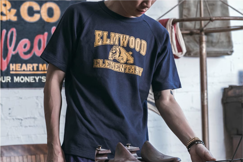 2色展開◆色味、プリントの雰囲気もGOOD◆ヴィンテージ復刻 ELMWOOD ブルドッグプリント ラグランTシャツ◆S~2XL