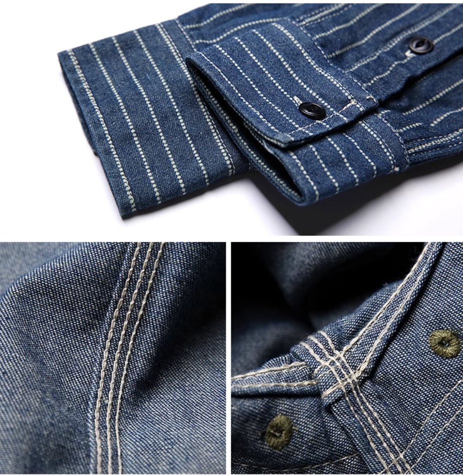 △WABASH(鉄道員)ストライプデニム シャツ▽S~3XL