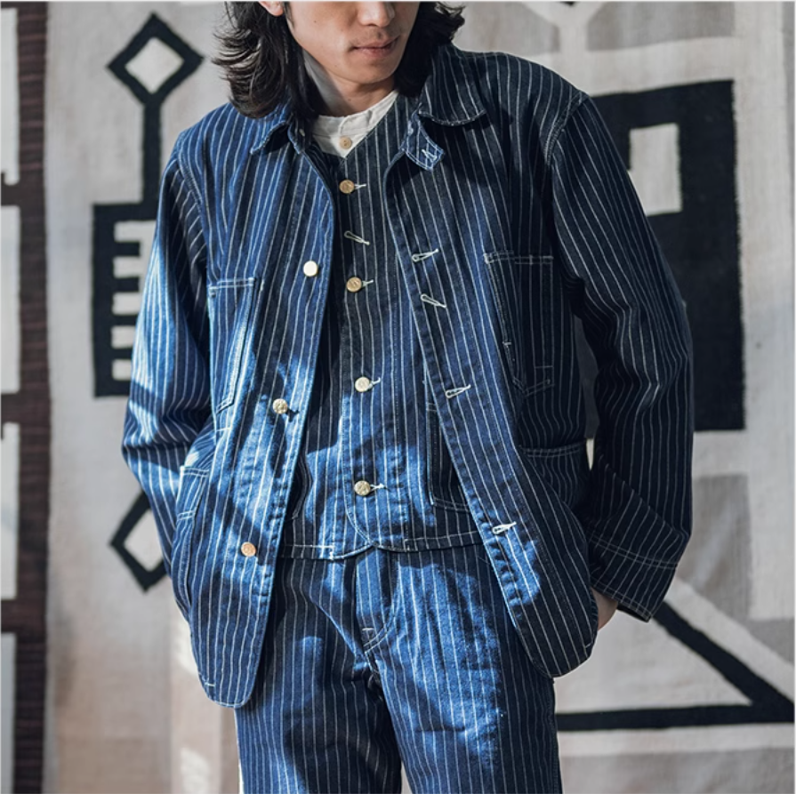 △WABASH(鉄道員)ストライプデニム カバーオール▽S~2XL
