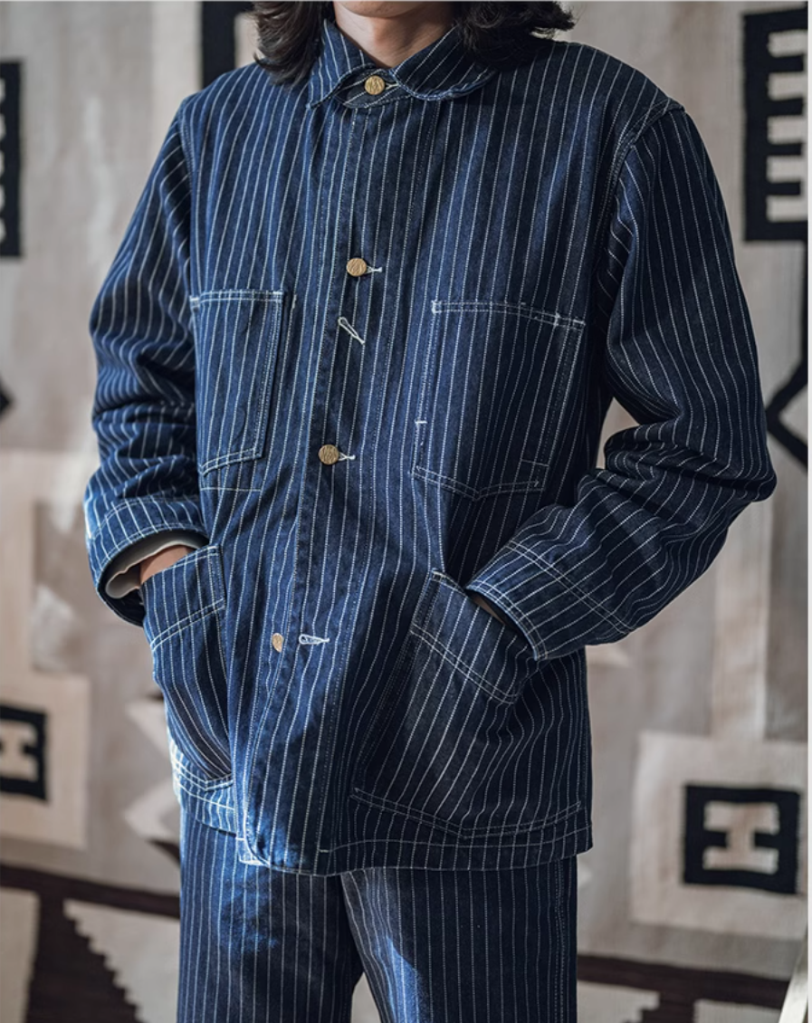 △WABASH(鉄道員)ストライプデニム カバーオール▽S~2XL