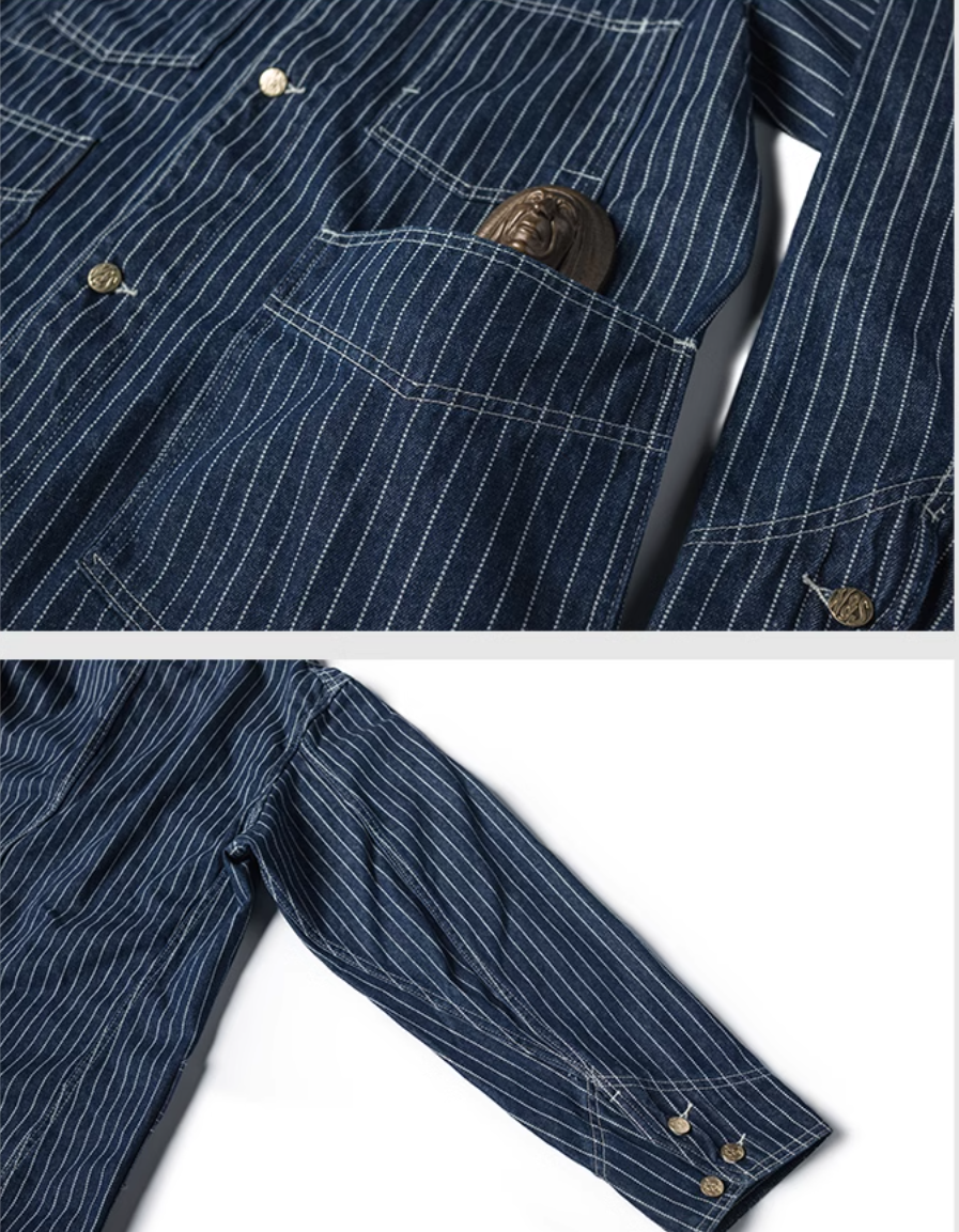 △WABASH(鉄道員)ストライプデニム カバーオール▽S~2XL