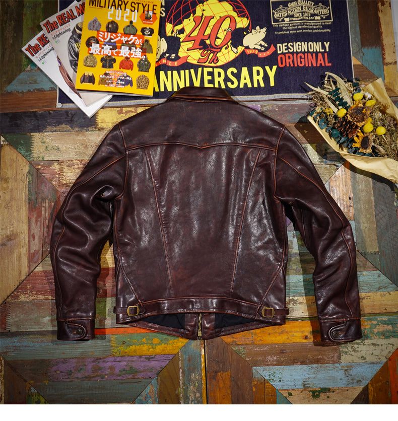 ◆70’s ヴィンテージ復刻 植物タンニンなめし茶芯カウレザー シングルライダース ジャケット◆S~4XL