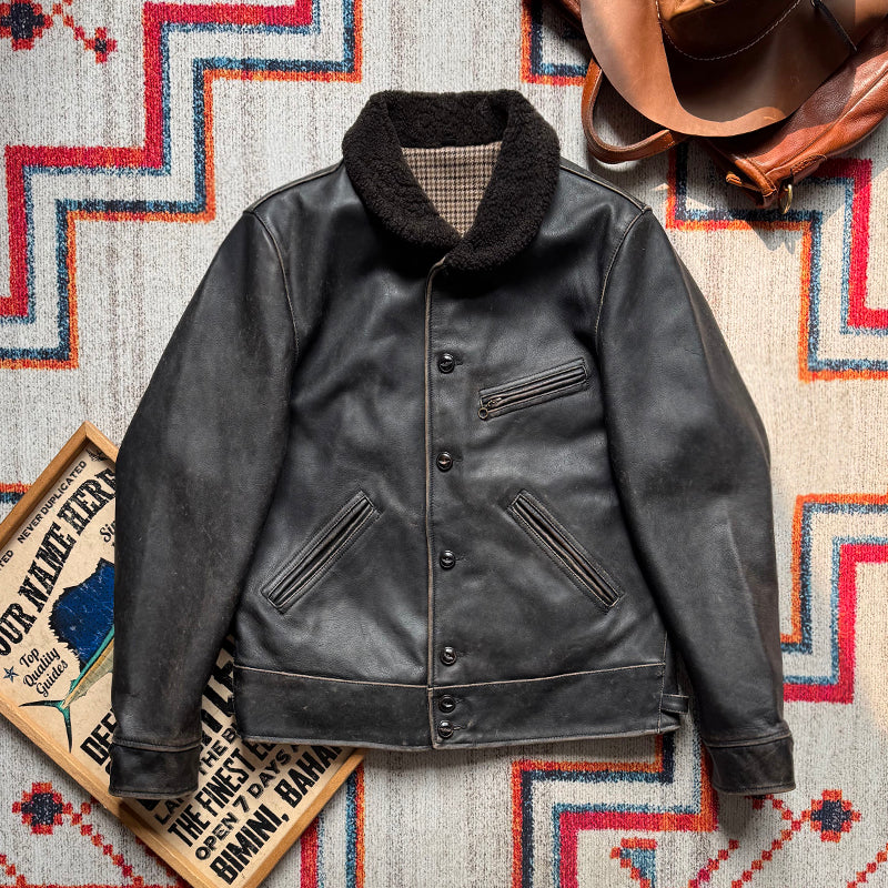 完璧なヴィンテージ加工★茶芯カウレザー×ムートン BILLINGS JACKET★ブラック XL~4XL