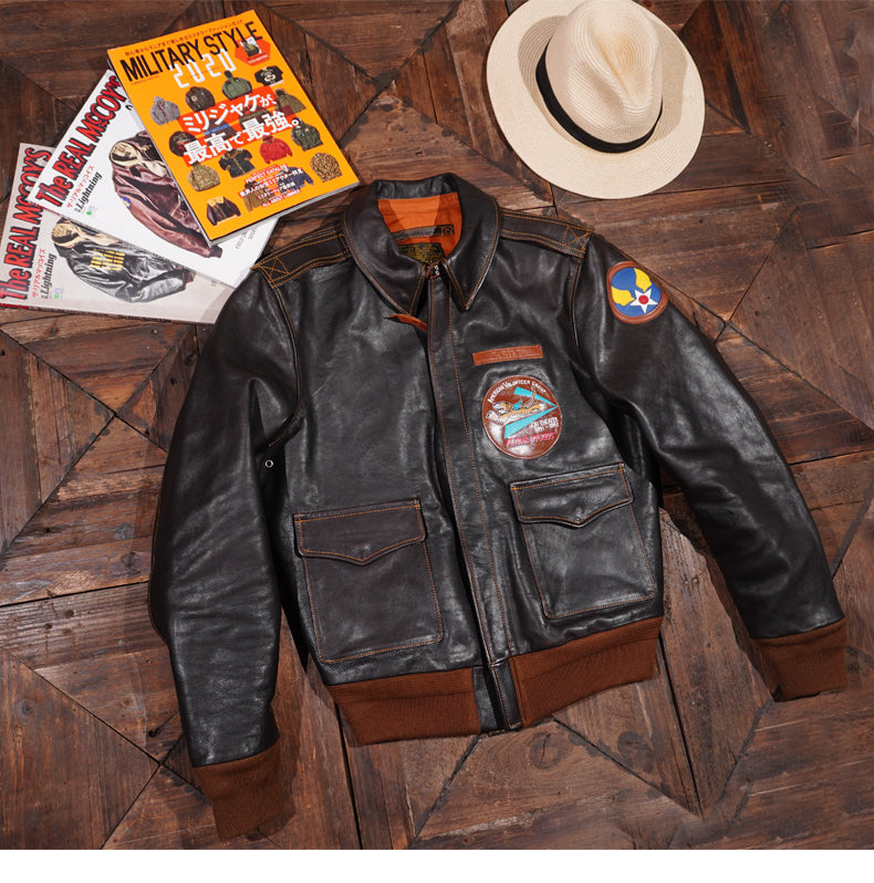 茶芯ホースハイドレザー A-2 フライトジャケット ブラック S~4XL