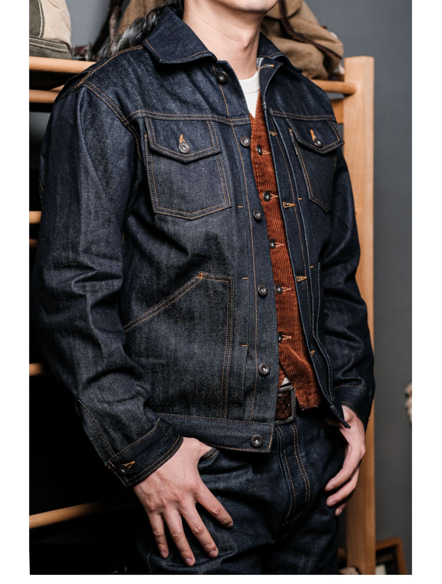 背面のアクションプリーツで高い可動性☆ヴィンテージ復刻 14.5OZ ノンウォッシュ セルビッチ デニムジャケット☆S~2XL