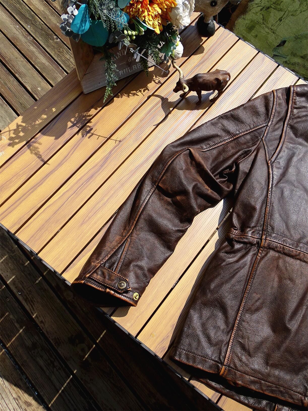 ▲ビンテージ復刻 ウォッシュ加工 茶芯カウレザー M-65 ジャケット▼S~4XL