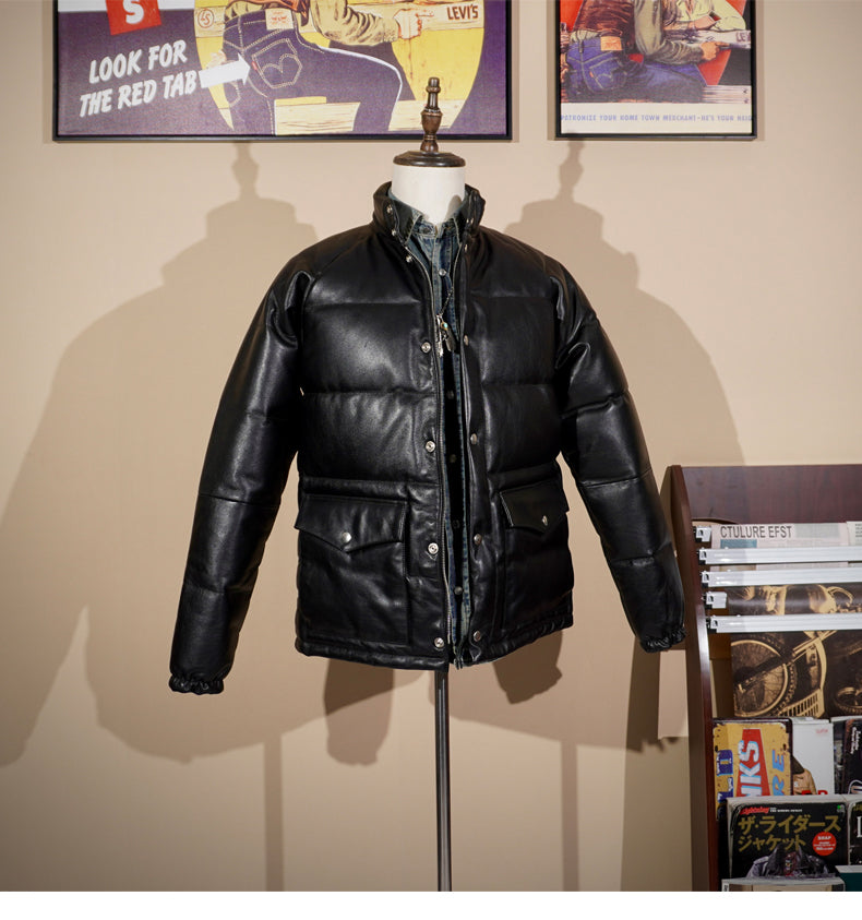 ◇イタリア産カウレザー使用 ブラックレザーダウンジャケット◇ S~4XL
