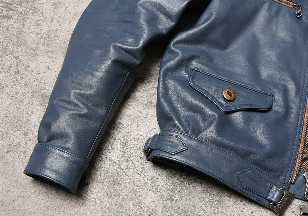 絶妙な色味のブルー◇ドイツ空軍復刻 エーリヒ・ハルトマン モデル カウレザージャケット◇M~4XL