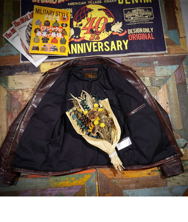 ◆70’s ヴィンテージ復刻 植物タンニンなめし茶芯カウレザー シングルライダース ジャケット◆S~4XL