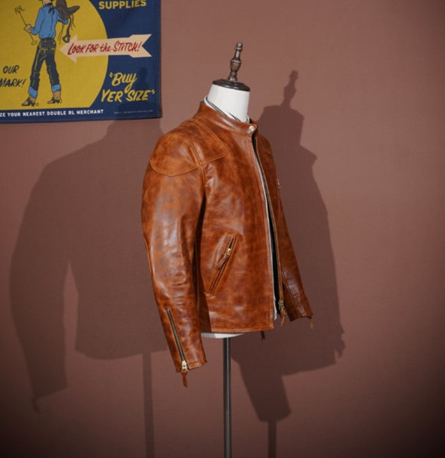 ワックス加工ホースレザー シングルライダースジャケット S~4XL