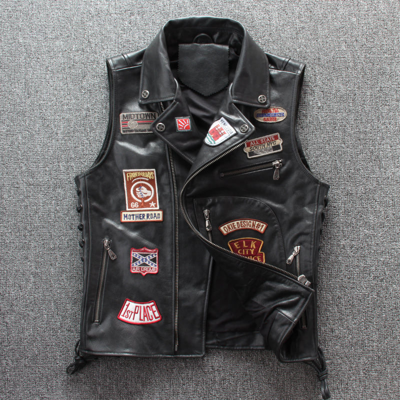 カウレザー ワッペン&編み上げデザイン ライダースベスト S~4XL