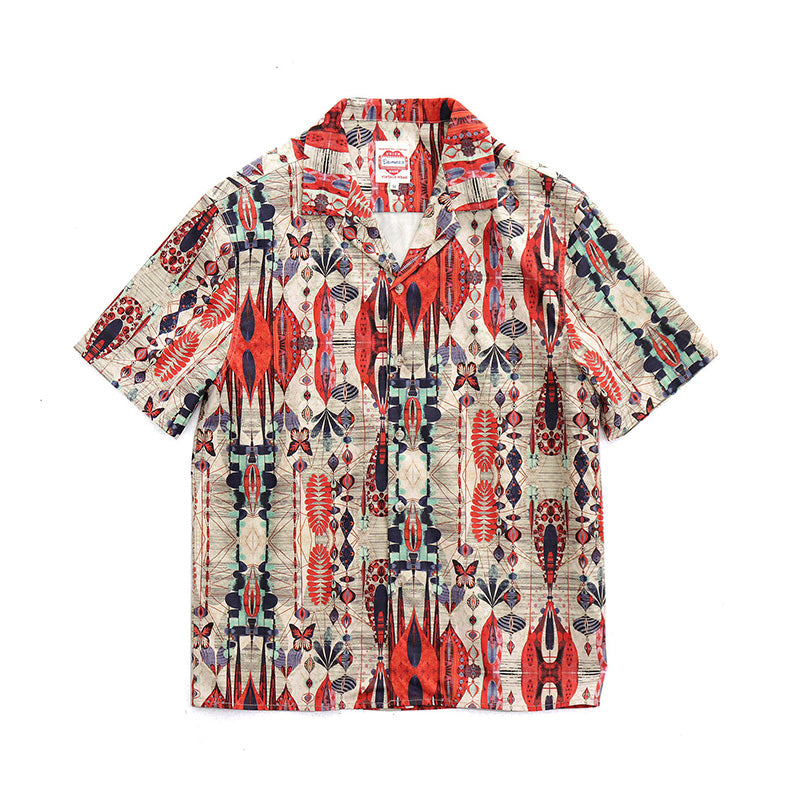 △ヴィンテージ復刻 ハワイアンプリント幾何学×バタフライ柄 アロハシャツ▽M~2XL