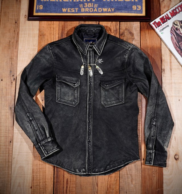ヘビーウォッシュ加工★ゴートレザーウエスタンシャツ★S~4XL