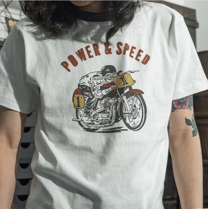 2色展開◆色味、プリントの雰囲気もGOOD◆ヴィンテージ復刻 POWER&SPEEDバイクTシャツ◆S~2XL