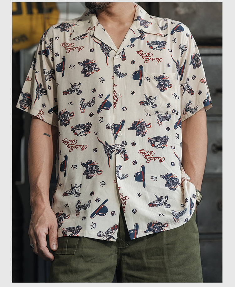 2色展開★レーヨン使いで落ち感GOOD★チェーンステッチ ウエスタンパターン アロハ シャツ★S~2XL