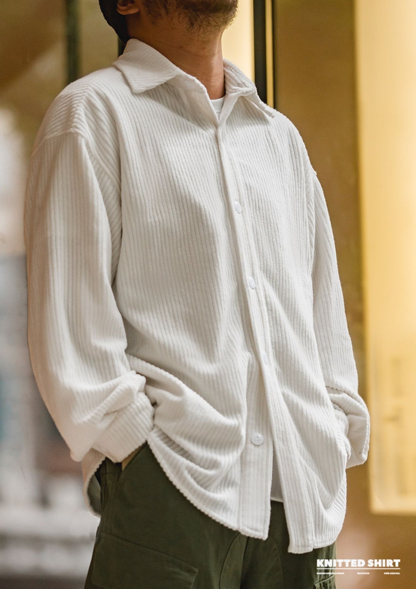 落ち感最高★ゆったりシルエット★コットン×ポリエステル畝テクスチャーニットシャツ★S~2XL