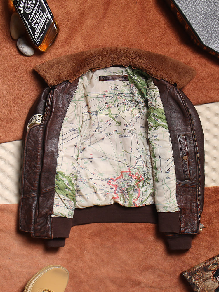 ファーの取り外し可能◇航路地図柄の裏地◇茶芯カウレザーG-1 フライトジャケット◇M~5XL