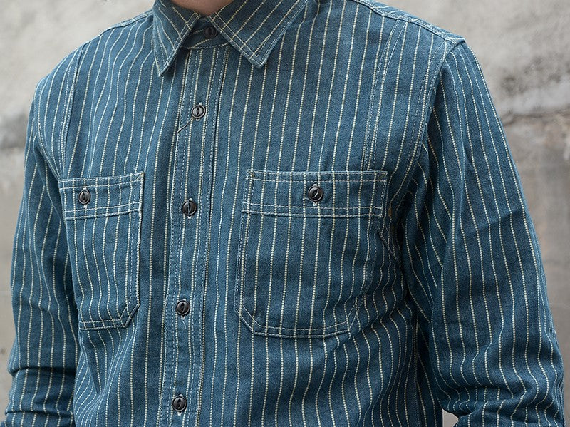 △WABASH(鉄道員)ストライプデニム シャツ▽S~3XL