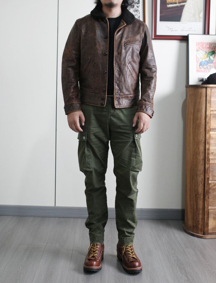 完璧なヴィンテージ加工★茶芯カウレザー×ムートン BILLINGS JACKET★ブラウン XL~4XL