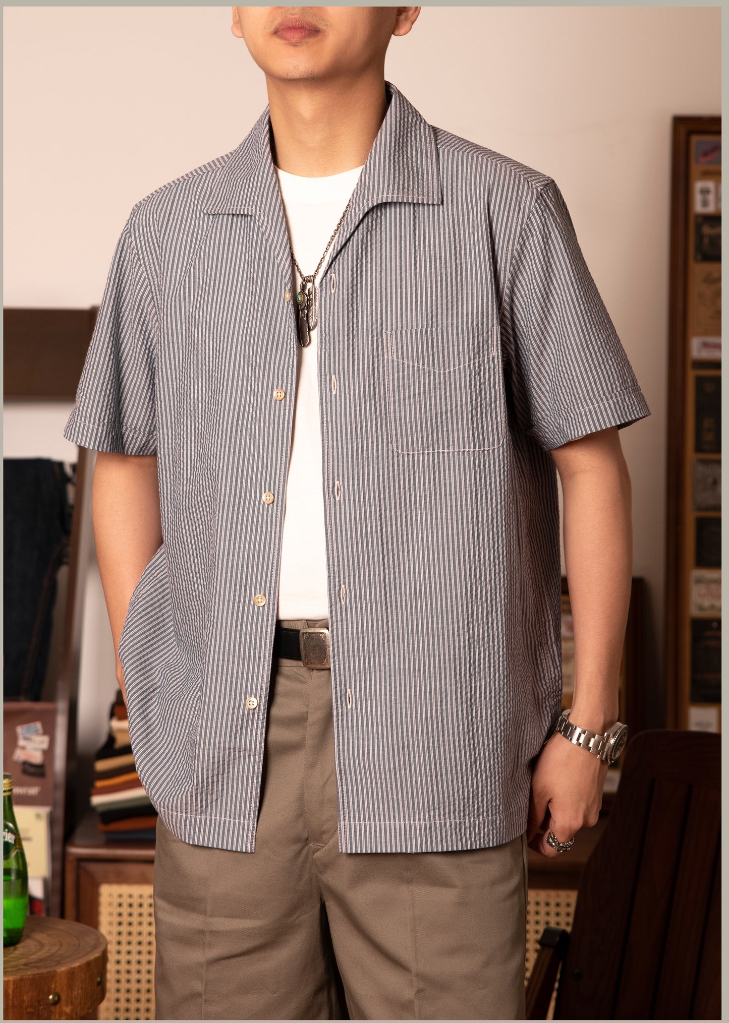 △ヴィンテージ復刻 コットンストライプ 半袖 イタリアンカラーシャツ▽S~3XL
