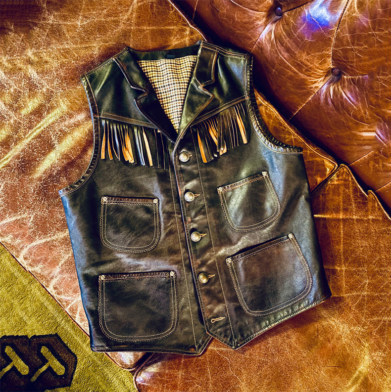 フリンジデザインがかっこいい◇シープ&カウレザー ウエスタンベスト◇ L~3XL
