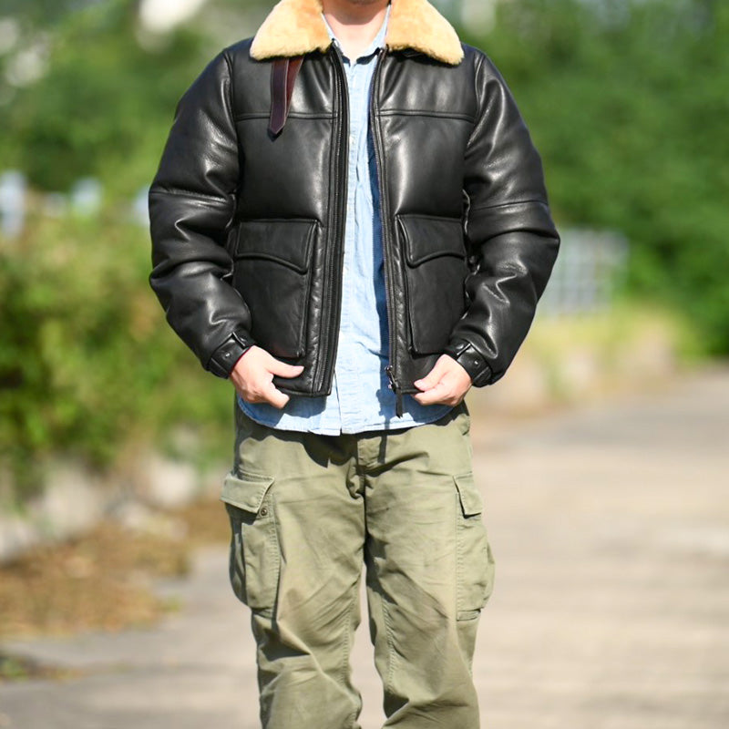 襟元ムートン使い◇植物タンニン鞣しカウレザー ブラックレザーダウンジャケット◇ M~3XL
