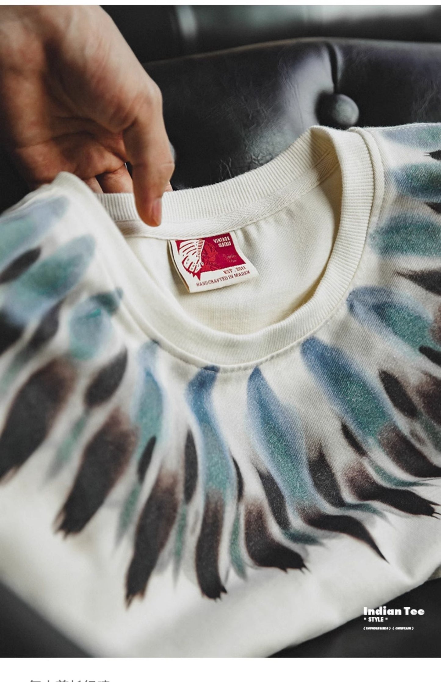◆ハーフスリーブ フェザー染み込みプリント コットンTシャツ◆S~2XL