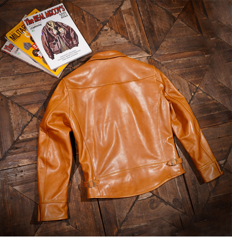 ヴィンテージ復刻 植物タンニン鞣しホースハイドレザー シングルライダースジャケット☆S~4XL