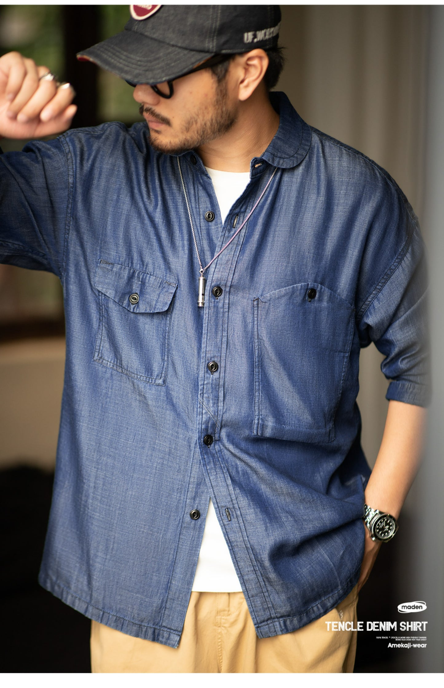 雰囲気抜群の生地使い★テンセル デニム 長袖 CPO シャツ★S~2XL