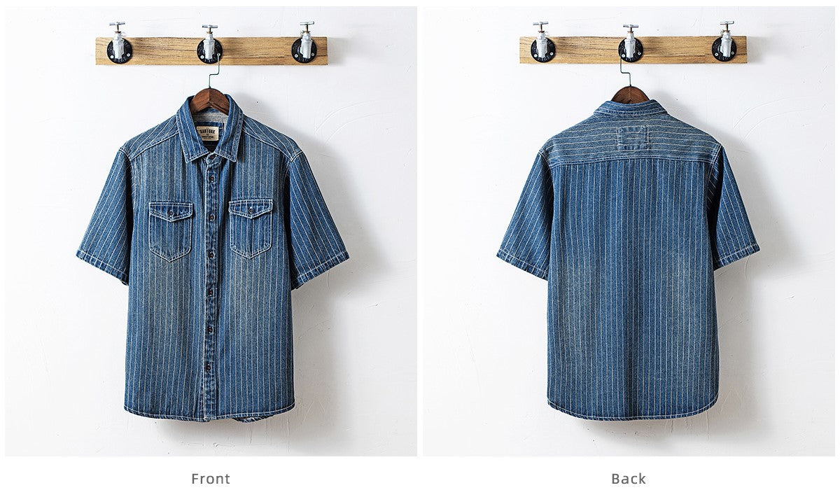 △ピンストライプデニム 半袖ワークシャツ▽M~3XL