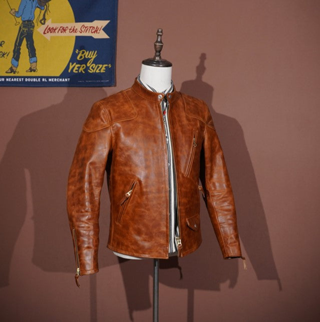 ワックス加工ホースレザー シングルライダースジャケット S~4XL
