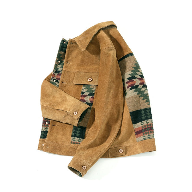 ◇ヴィンテージ復刻ナバホ柄ブランケット切り替えスウェードジャケット◇M~4XL
