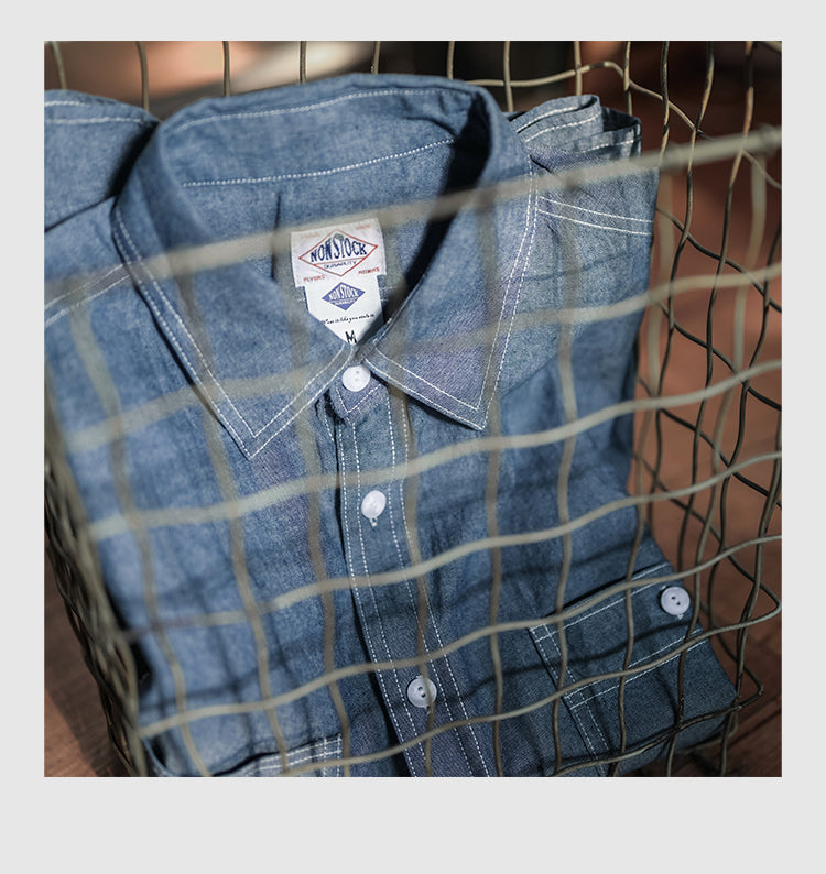 ◆ヴィンテージ復刻デザイン 半袖7.2オンス シャンブレーワーク シャツ◆S~2XL