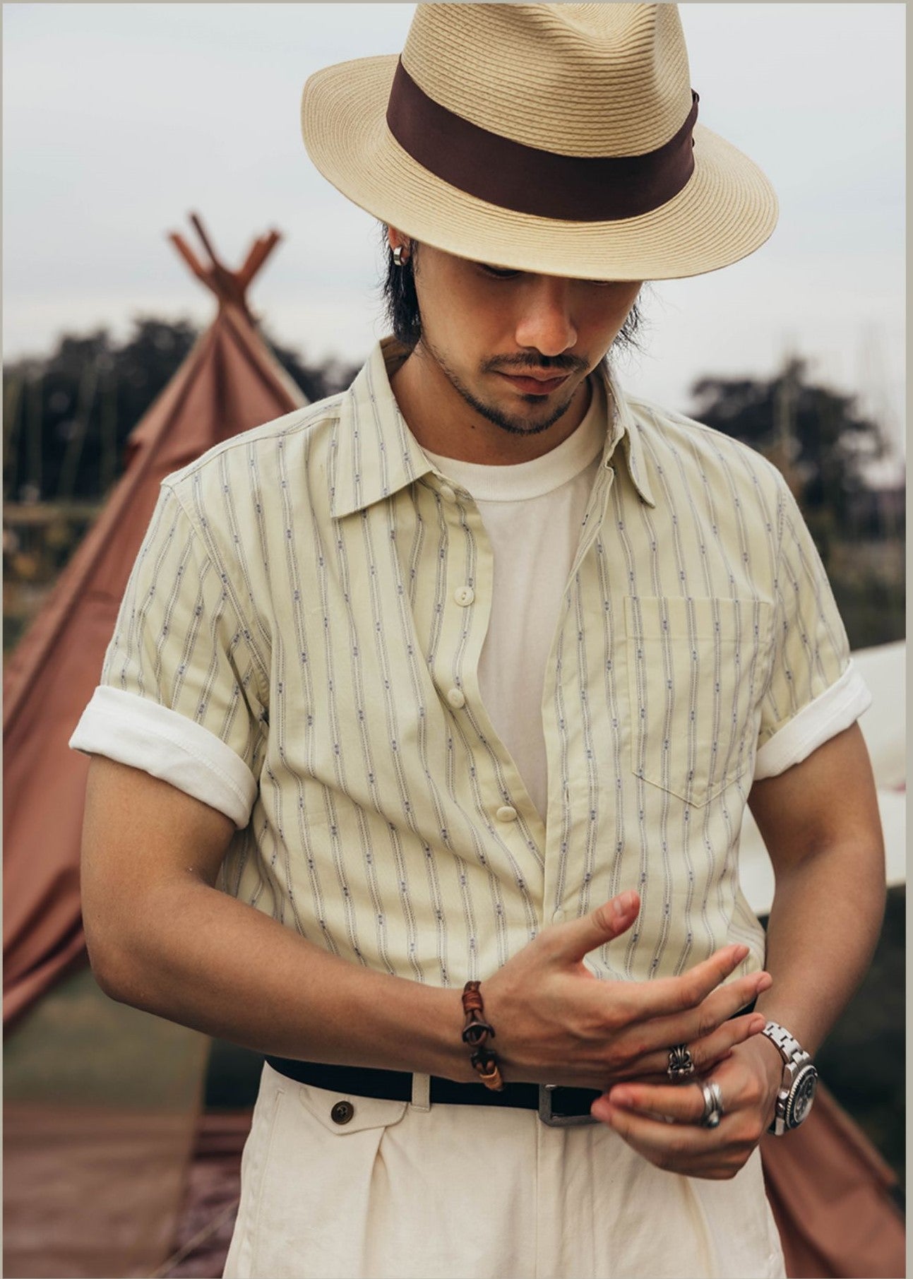 △ヴィンテージ復刻 コットンジャガードストライプ 半袖 クラシックシャツ▽S~3XL