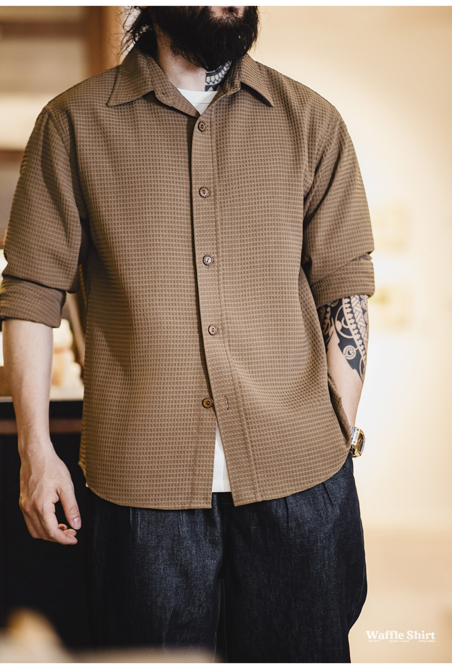 表情豊かなテクスチャー◆ワッフル地 リラックスシャツ◆M~2XL